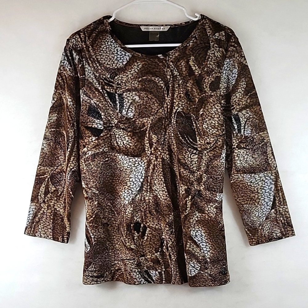 Peter Nygard Brown and Cream Abstract Animal-Print Long Sleeve Top